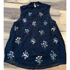 Sundance Black Embroidered Floral Sleeveless Blouse Boho Sheer Top Size L